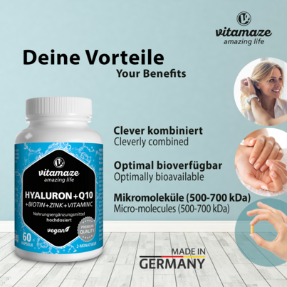 Sie sehen eine Packung Vitamaze Hyaluronsäure 200mg hochdosiert +Coenzym Q10 vegan, Produktbild: 03 Vitamaze Hyaluronsäure 200mg hochdosiert +Coenzym Q10 vegan, A-Nr.: 5179593 - 03