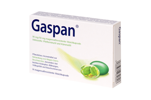 Sie sehen eine Packung Gaspan® 90 mg/50 mg Weichkapseln, Produktbild: 02 Gaspan® 90 mg/50 mg Weichkapseln, A-Nr.: 4979601 - 02