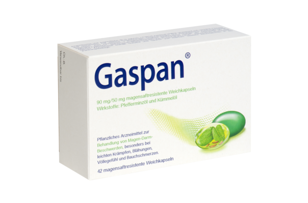 Sie sehen eine Packung Gaspan® 90 mg/50 mg Weichkapseln, Produktbild: 01 Gaspan® 90 mg/50 mg Weichkapseln, A-Nr.: 4979618 - 01
