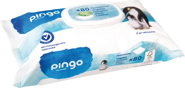Sie sehen eine Packung Feuchttücher Baby Pinguin – Pingo Swiss, Produktbild: 01 Feuchttücher Baby Pinguin – Pingo Swiss, A-Nr.: 4559626 - 01