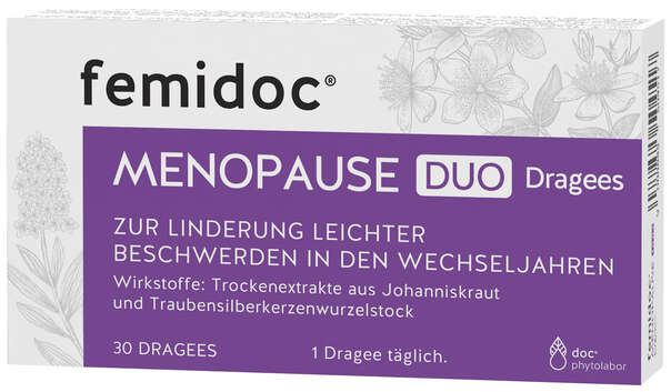 Sie sehen eine Packung femidoc® MENOPAUSE DUO Dragees, Produktbild: 01 femidoc® MENOPAUSE DUO Dragees, A-Nr.: 5504515 - 01