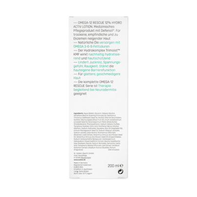 Sie sehen eine Packung Eubos Omega Hydrol Activ Lotion 12%, Produktbild: 05 Eubos Omega Hydrol Activ Lotion 12%, A-Nr.: 3998772 - 05
