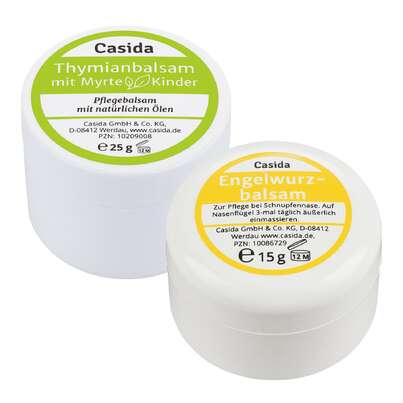 Sie sehen eine Packung Casida Set Engelwurz- & Thymianbalsam mit Myrte für Kinder, Produktbild: 01 Casida Set Engelwurz- & Thymianbalsam mit Myrte für Kinder, A-Nr.: 5304377 - 01