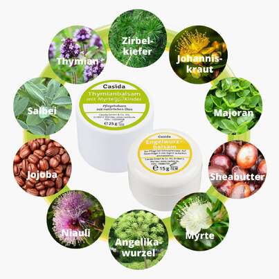 Sie sehen eine Packung Casida Set Engelwurz- & Thymianbalsam mit Myrte für Kinder, Produktbild: 02 Casida Set Engelwurz- & Thymianbalsam mit Myrte für Kinder, A-Nr.: 5304377 - 02