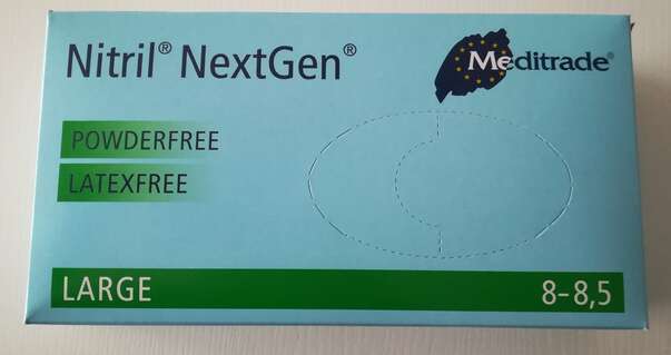 Sie sehen eine Packung Einmalhandschuhe Nitril Gr. L blau, Produktbild: 02 Einmalhandschuhe Nitril Gr. L blau, A-Nr.: 4894879 - 02