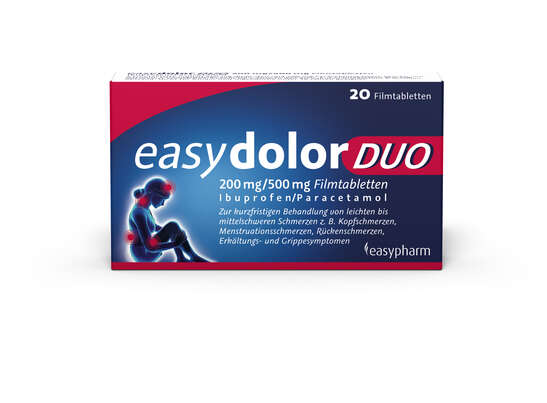 Sie sehen eine Packung easydolor DUO 200 mg/500 mg Filmtabletten, Produktbild: 01 easydolor DUO 200 mg/500 mg Filmtabletten, A-Nr.: 4993529 - 01