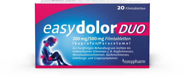Sie sehen eine Packung easydolor DUO 200 mg/500 mg Filmtabletten, Produktbild: 02 easydolor DUO 200 mg/500 mg Filmtabletten, A-Nr.: 4993529 - 02