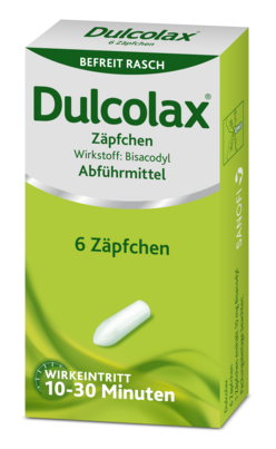 Sie sehen eine Packung Dulcolax® Zäpfchen, Produktbild: 01 Dulcolax® Zäpfchen, A-Nr.: 0018017 - 01