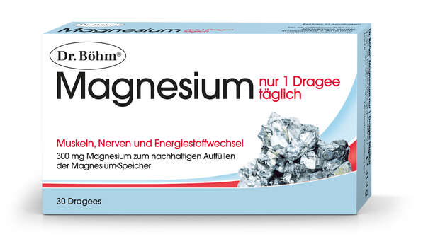 Sie sehen eine Packung Dr. Böhm Magnesium nur 1 Dragee täglich, Produktbild: 01 Dr. Böhm Magnesium nur 1 Dragee täglich, A-Nr.: 1854738 - 01