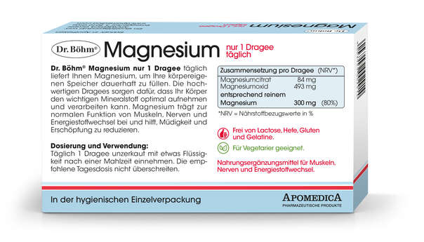 Sie sehen eine Packung Dr. Böhm Magnesium nur 1 Dragee täglich, Produktbild: 03 Dr. Böhm Magnesium nur 1 Dragee täglich, A-Nr.: 1854738 - 03