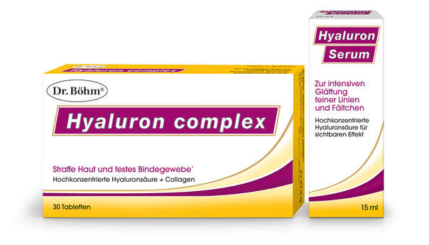Sie sehen eine Packung Dr. Böhm Hyaluron complex Tabletten + Hyaluron Serum, Produktbild: 01 Dr. Böhm Hyaluron complex Tabletten + Hyaluron Serum, A-Nr.: 4835552 - 01