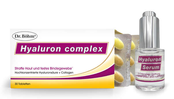 Sie sehen eine Packung Dr. Böhm Hyaluron complex Tabletten + Hyaluron Serum, Produktbild: 02 Dr. Böhm Hyaluron complex Tabletten + Hyaluron Serum, A-Nr.: 4835552 - 02