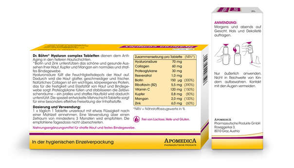 Sie sehen eine Packung Dr. Böhm Hyaluron complex Tabletten + Hyaluron Serum, Produktbild: 03 Dr. Böhm Hyaluron complex Tabletten + Hyaluron Serum, A-Nr.: 4835552 - 03