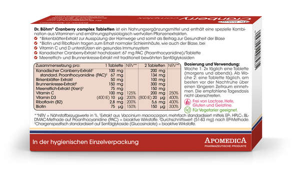 Sie sehen eine Packung Dr. Böhm Cranberry complex, Produktbild: 03 Dr. Böhm Cranberry complex, A-Nr.: 4846030 - 03