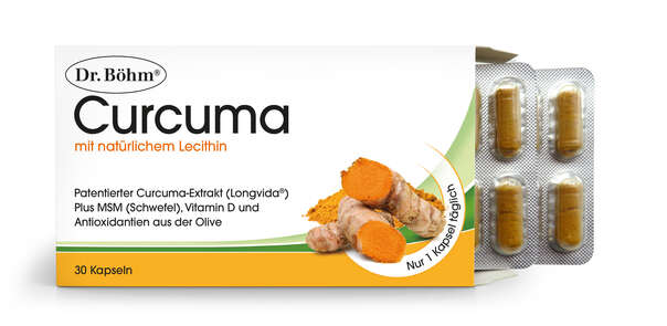 Sie sehen eine Packung Dr. Böhm Curcuma, Produktbild: 02 Dr. Böhm Curcuma, A-Nr.: 5298004 - 02