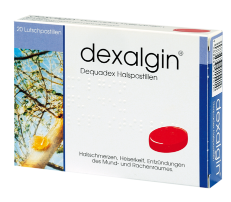 Sie sehen eine Packung Dexalgin dequadex Halspastillen, Produktbild: 01 Dexalgin dequadex Halspastillen, A-Nr.: 3915415 - 01