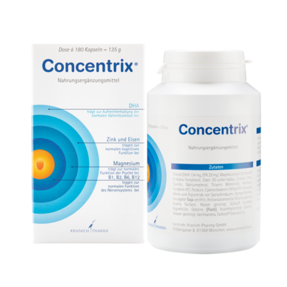 Sie sehen eine Packung Concentrix® für Konzentration und Aufmerksamkeit, Produktbild: 01 Concentrix® für Konzentration und Aufmerksamkeit, A-Nr.: 5599013 - 01
