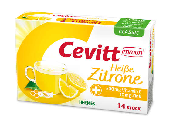 Sie sehen eine Packung Cevitt immun® Heiße Zitrone Classic (mit Zucker) 14 ST, Produktbild: 01 Cevitt immun® Heiße Zitrone Classic (mit Zucker) 14 ST, A-Nr.: 5105809 - 01