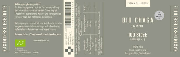 Sie sehen eine Packung Kasimir + Lieselotte Bio Chaga Kapseln, Produktbild: 02 Kasimir + Lieselotte Bio Chaga Kapseln, A-Nr.: 5616444 - 02