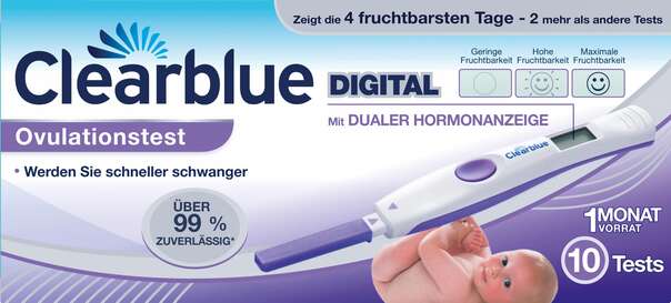 Sie sehen eine Packung Clearblue DIGITAL Ovulationstest mit dualer Hormonanzeige, Produktbild: 01 Clearblue DIGITAL Ovulationstest mit dualer Hormonanzeige, A-Nr.: 4190204 - 01