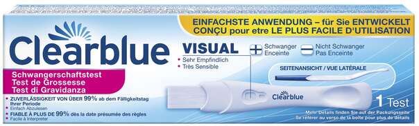 Sie sehen eine Packung Clearblue visual Schwangerschafts-Frühtest, Produktbild: 01 Clearblue visual Schwangerschafts-Frühtest, A-Nr.: 3117116 - 01