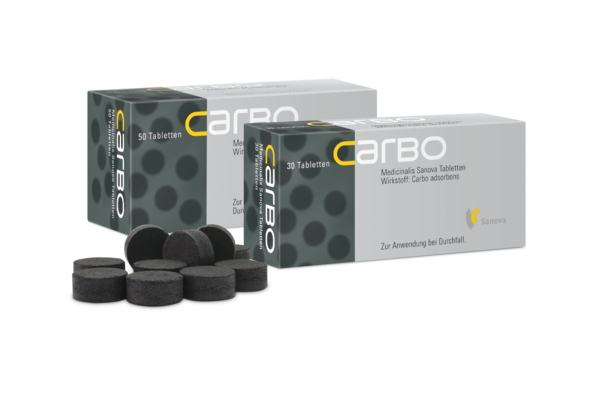 Sie sehen eine Packung CARBO Medicinalis Sanova Tabletten, Produktbild: 02 CARBO Medicinalis Sanova Tabletten, A-Nr.: 2461107 - 02