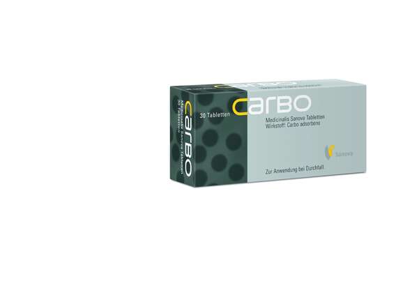 Sie sehen eine Packung CARBO Medicinalis Sanova Tabletten, Produktbild: 03 CARBO Medicinalis Sanova Tabletten, A-Nr.: 2461107 - 03