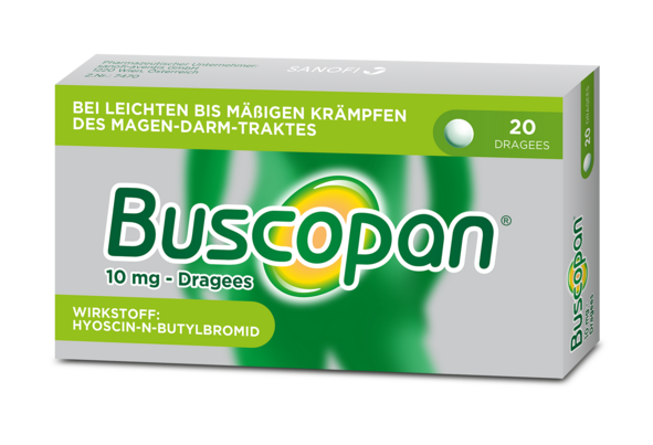 Sie sehen eine Packung Buscopan® 10 mg – Dragees, Produktbild: 01 Buscopan® 10 mg – Dragees, A-Nr.: 3521828 - 01