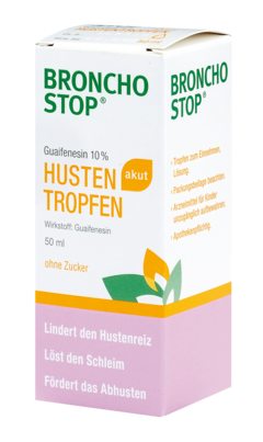 Sie sehen eine Packung Bronchostop Guaifenesin 10% akut Tropfen, Produktbild: 01 Bronchostop Guaifenesin 10% akut Tropfen, A-Nr.: 3916952 - 01