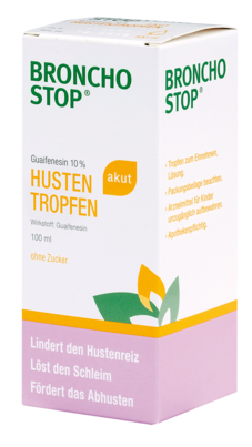 Sie sehen eine Packung Bronchostop Guaifenesin 10% akut Tropfen, Produktbild: 01 Bronchostop Guaifenesin 10% akut Tropfen, A-Nr.: 3916969 - 01