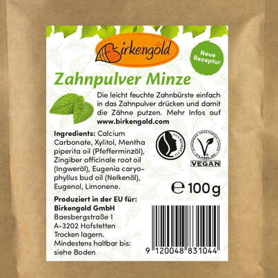 Sie sehen eine Packung Birkengold Zahnpulver Minze, Produktbild: 01 Birkengold Zahnpulver Minze, A-Nr.: 5160263 - 01