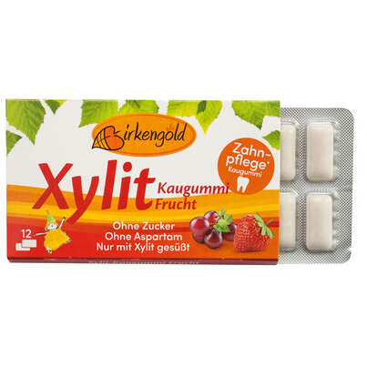 Sie sehen eine Packung Birkengold Kaugummi Frucht, Produktbild: 03 Birkengold Kaugummi Frucht, A-Nr.: 5160323 - 03