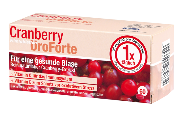Sie sehen eine Packung BIOGELAT CRANBERRY UroForte-Filmtabletten, Produktbild: 01 BIOGELAT CRANBERRY UroForte-Filmtabletten, A-Nr.: 3987171 - 01