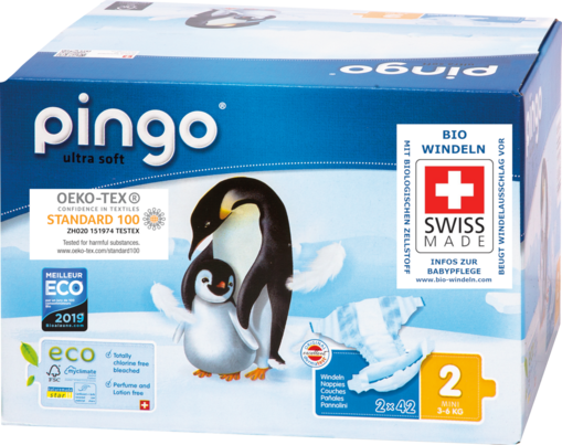 Sie sehen eine Packung Bio Windeln Mini Jumbo 3-6kg Pinguin – Pingo Swiss, Produktbild: 02 Bio Windeln Mini Jumbo 3-6kg Pinguin – Pingo Swiss, A-Nr.: 4559537 - 02