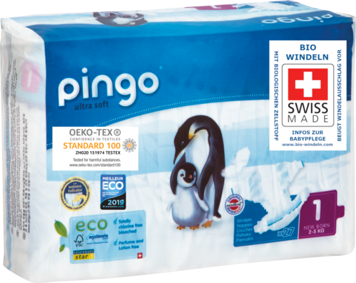 Sie sehen eine Packung Bio Windeln New Born 2-5kg Pinguin – Pingo Swiss, Produktbild: 02 Bio Windeln New Born 2-5kg Pinguin – Pingo Swiss, A-Nr.: 4559514 - 02