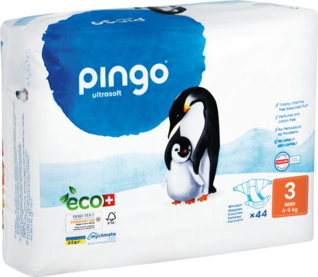 Sie sehen eine Packung Bio Windeln Midi 4-9kg Pinguin – Pingo Swiss, Produktbild: 01 Bio Windeln Midi 4-9kg Pinguin – Pingo Swiss, A-Nr.: 4559543 - 01