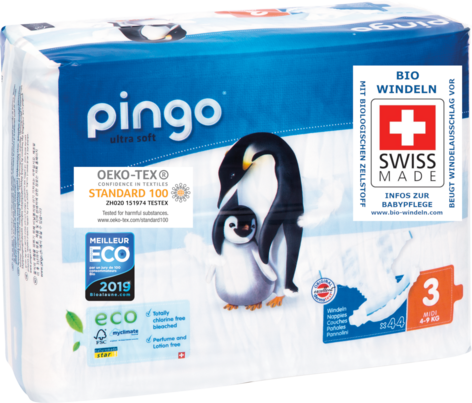 Sie sehen eine Packung Bio Windeln Midi 4-9kg Pinguin – Pingo Swiss, Produktbild: 02 Bio Windeln Midi 4-9kg Pinguin – Pingo Swiss, A-Nr.: 4559543 - 02