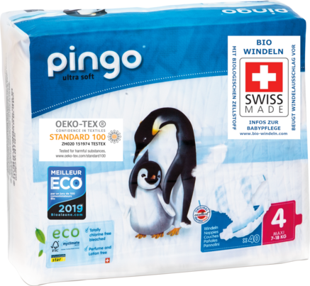 Sie sehen eine Packung Bio Windeln Nr.4 Maxi 8-14kg Pinguin – Pingo Swiss, Produktbild: 02 Bio Windeln Nr.4 Maxi 8-14kg Pinguin – Pingo Swiss, A-Nr.: 4559572 - 02