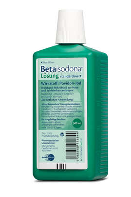 Sie sehen eine Packung Betaisodona® Lösung Standard 500 ml, Produktbild: 01 Betaisodona® Lösung Standard 500 ml, A-Nr.: 0188647 - 01