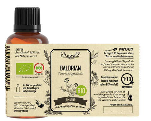 Sie sehen eine Packung Auwald® - Baldrian BIO Tropfen (Auszug, Extrakt, Essenz), Produktbild: 04 Auwald® - Baldrian BIO Tropfen (Auszug, Extrakt, Essenz), A-Nr.: 5679999 - 04