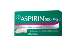 Sie sehen eine Packung Aspirin® 500 mg Kautabletten, Produktbild: 01 Aspirin® 500 mg Kautabletten, A-Nr.: 1286174 - 01