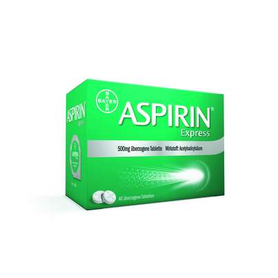 Sie sehen eine Packung Aspirin® Express 500 mg überzogene Tablette, Produktbild: 01 Aspirin® Express 500 mg überzogene Tablette, A-Nr.: 4208217 - 01