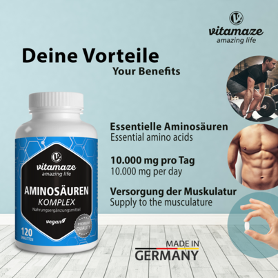 Sie sehen eine Packung Vitamaze Aminosäuren Komplex vegan, Produktbild: 03 Vitamaze Aminosäuren Komplex vegan, A-Nr.: 5179676 - 03