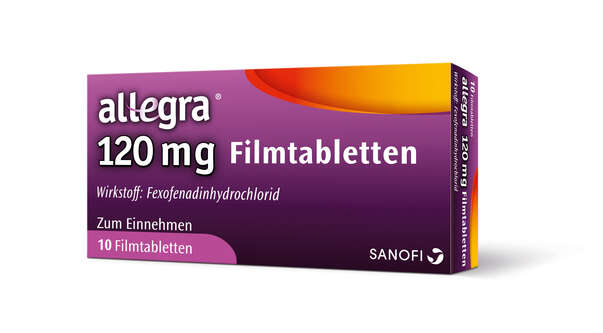 Sie sehen eine Packung Allegra® 120mg Filmtabletten, Produktbild: 01 Allegra® 120mg Filmtabletten, A-Nr.: 4200032 - 01