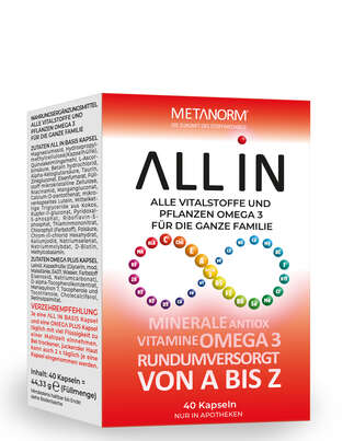 Sie sehen eine Packung ALL IN Kapseln METANORM®, Produktbild: 01 ALL IN Kapseln METANORM®, A-Nr.: 5632650 - 01