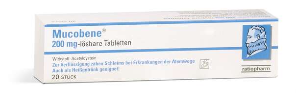 Sie sehen eine Packung Mucobene® 200 mg, Produktbild: 01 Mucobene® 200 mg, A-Nr.: 1342464 - 01