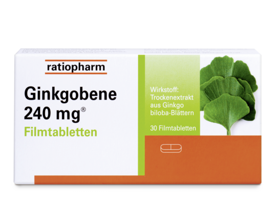 Sie sehen eine Packung Ginkgobene 240 mg® Filmtabletten, Produktbild: 01 Ginkgobene 240 mg® Filmtabletten, A-Nr.: 4222022 - 01