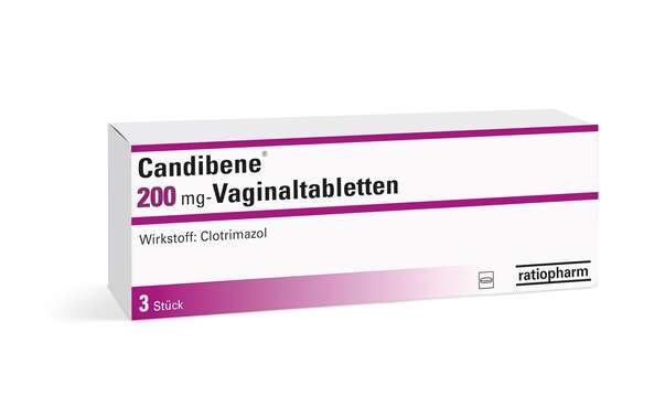 Sie sehen eine Packung Candibene® 200 mg - Vaginaltabletten, Produktbild: 01 Candibene® 200 mg - Vaginaltabletten, A-Nr.: 1276425 - 01