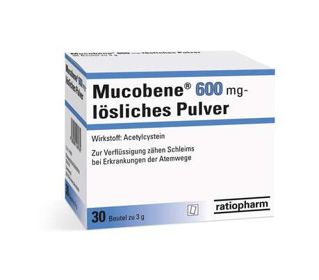Sie sehen eine Packung Mucobene® 600 mg lösliches Pulver, Produktbild: 01 Mucobene® 600 mg lösliches Pulver, A-Nr.: 1269750 - 01