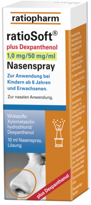 Sie sehen eine Packung ratioSoft® PLUS Dexpanthenol 1,0 mg Nasenspray, Produktbild: 01 ratioSoft® PLUS Dexpanthenol 1,0 mg Nasenspray, A-Nr.: 4214011 - 01